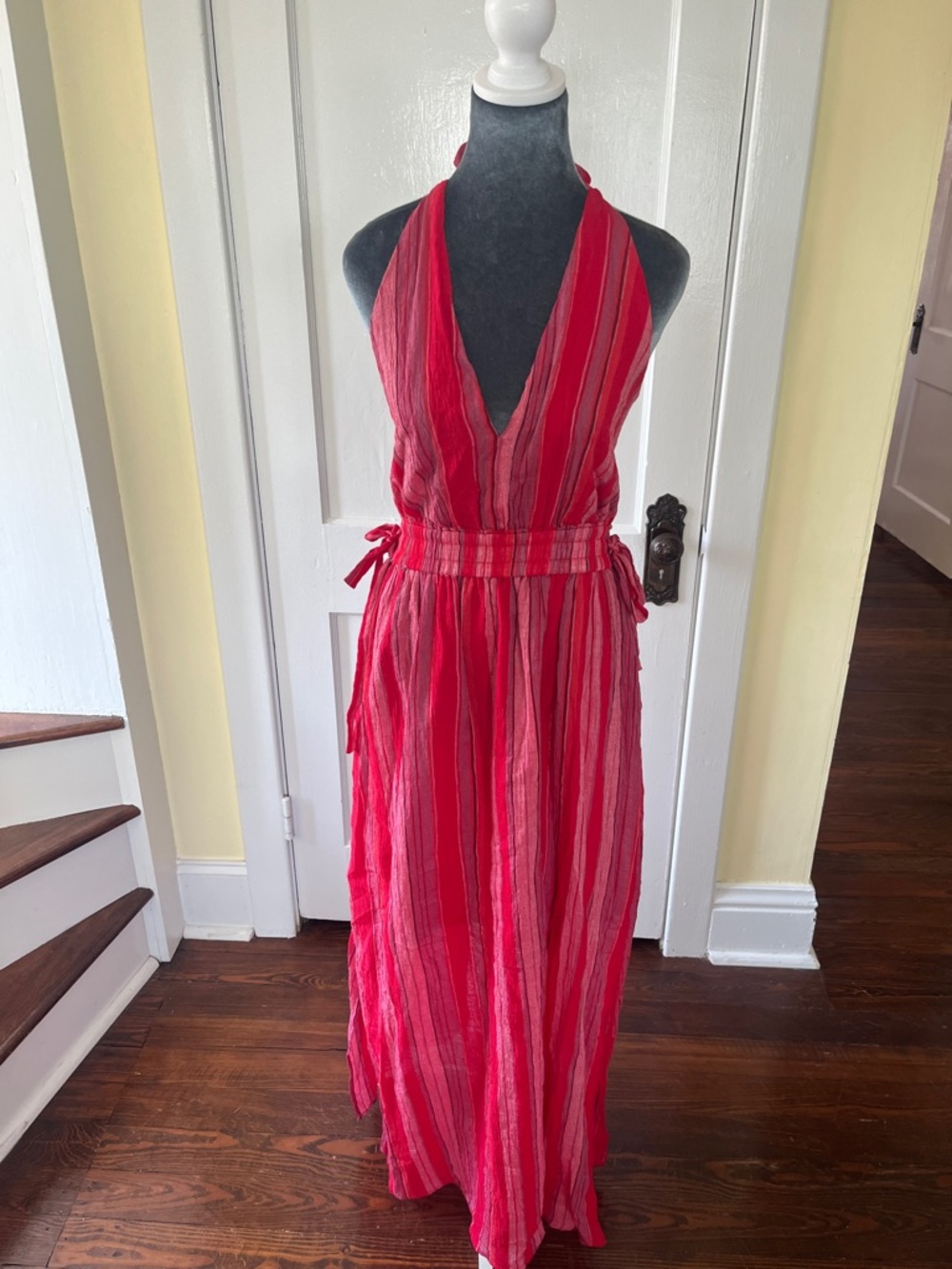 Amaryllis Red and Pink Striped Halter Maxi Dress
